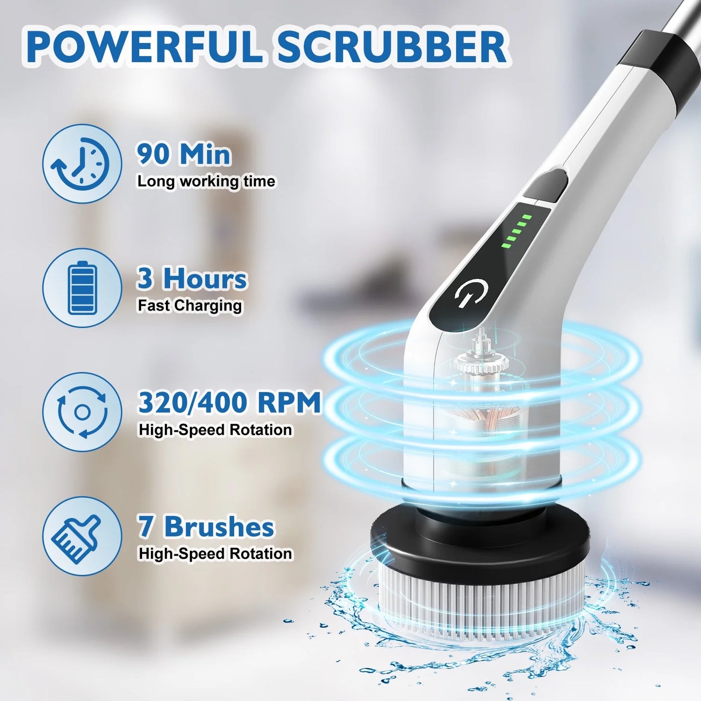 Electric Spin Scrubber, Cordless Bath Tub Power Scrubber with Long Handle & 7 Replaceable Heads, Detachable as Short Handle, Shower Cleaning Brush Household Tools for Bathroom & Tile Floor