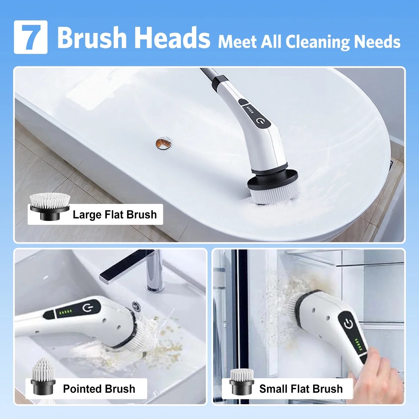 Electric Spin Scrubber, Cordless Bath Tub Power Scrubber with Long Handle & 7 Replaceable Heads, Detachable as Short Handle, Shower Cleaning Brush Household Tools for Bathroom & Tile Floor